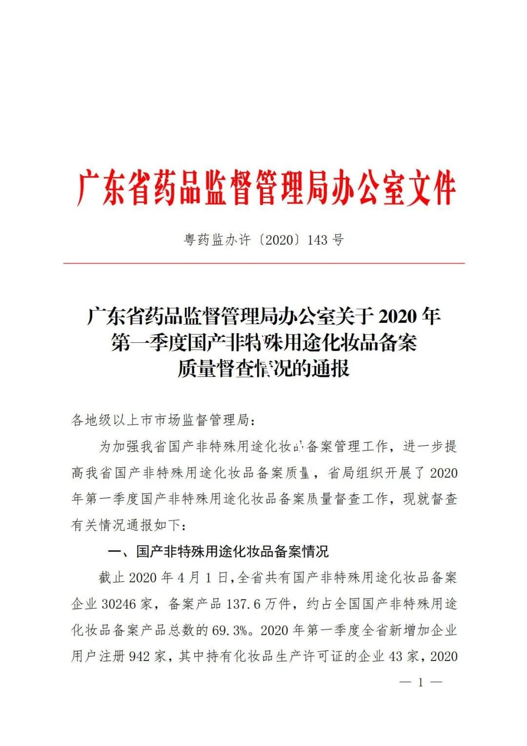 【廣州企業法律顧問】關于2020年 第一季度國產非特殊用途化妝品備案 質量督查情況的通報